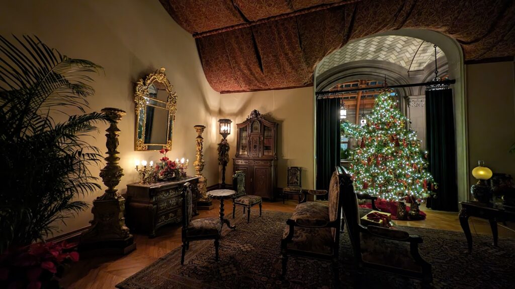 a room with a christmas tree and a mirror